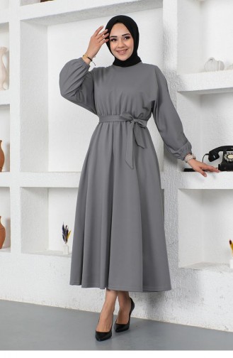 2051Mg Gathered Waist Belted Dress Gray 9132