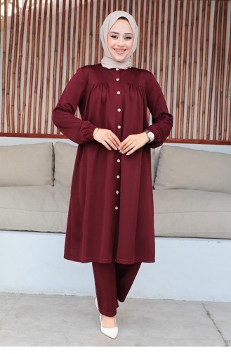 2061Mg Gathered Hijab Suit Claret Red 9290