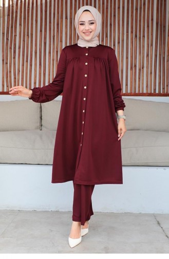 2061Mg Geraffter Hijab-Anzug In Weinrot 9290