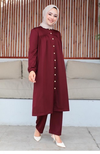 2061Mg Gathered Hijab Suit Claret Red 9290