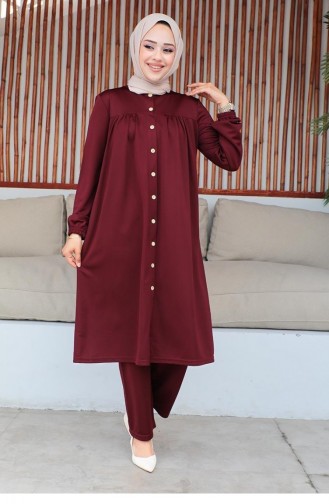 2061Mg Gathered Hijab Suit Claret Red 9290