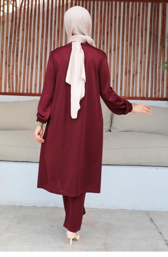 2061Mg Geraffter Hijab-Anzug In Weinrot 9290