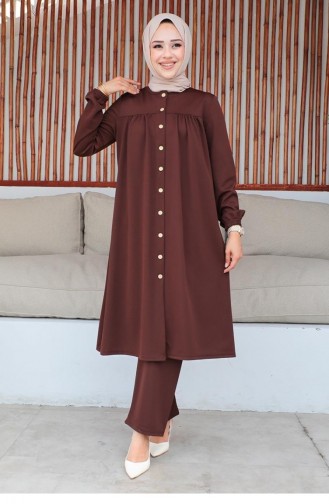 2061Mg Gathered Hijab Suit Brown 9291