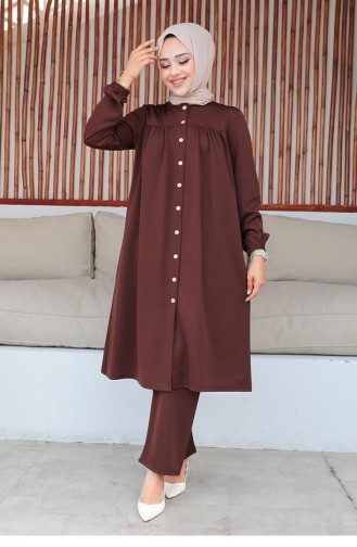 2061Mg Gathered Hijab Suit Brown 9291