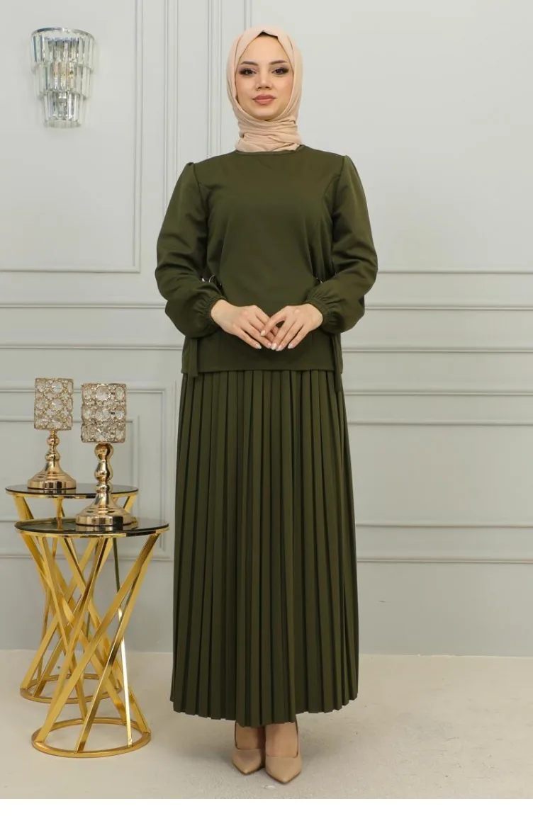 Costume Plissé Détaillé à La Taille Kaki 2069Mg 9863
