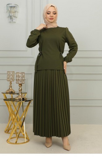 2069Mg Waist Detailed Pleated Suit Khaki 9863