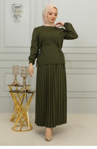 2069Mg Waist Detailed Pleated Suit Khaki 9863