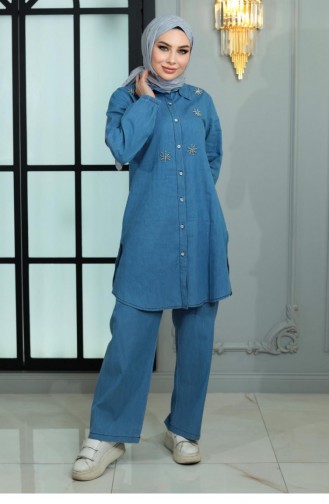 Geknöpfter Denim-Anzug Mit Steindetail Hellblau 19149 15044
