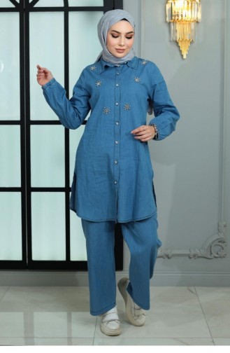 Geknöpfter Denim-Anzug Mit Steindetail Hellblau 19149 15044