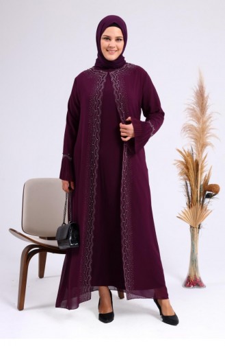 Women`s Large Size Stoned And Pearl Patterned Sleeves Pleated Mother Hijab Evening Dress Set 4578 Plum 4578.Mürdüm