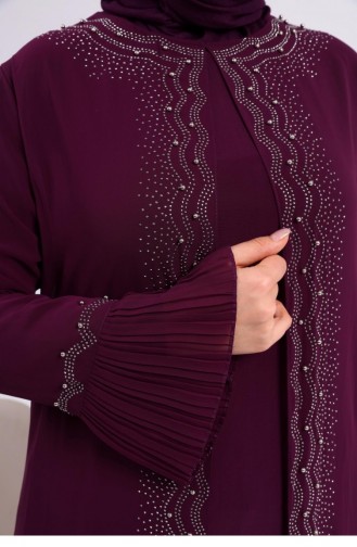 Women`s Large Size Stoned And Pearl Patterned Sleeves Pleated Mother Hijab Evening Dress Set 4578 Plum 4578.Mürdüm