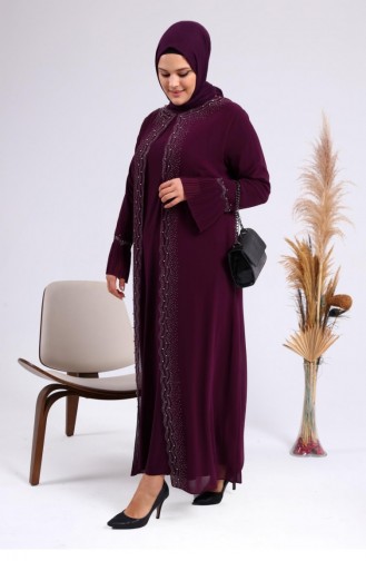 Women`s Large Size Stoned And Pearl Patterned Sleeves Pleated Mother Hijab Evening Dress Set 4578 Plum 4578.Mürdüm