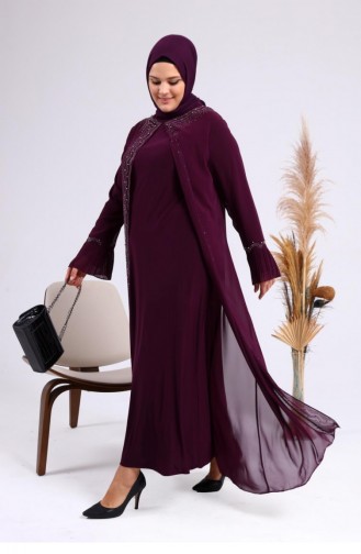 Women`s Large Size Stoned And Pearl Patterned Sleeves Pleated Mother Hijab Evening Dress Set 4578 Plum 4578.Mürdüm