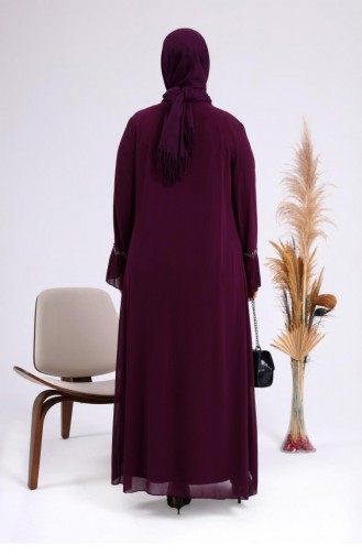 Women`s Large Size Stoned And Pearl Patterned Sleeves Pleated Mother Hijab Evening Dress Set 4578 Plum 4578.Mürdüm