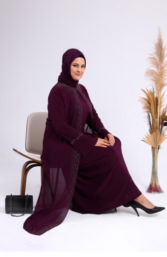 Women`s Large Size Stoned And Pearl Patterned Sleeves Pleated Mother Hijab Evening Dress Set 4578 Plum 4578.Mürdüm