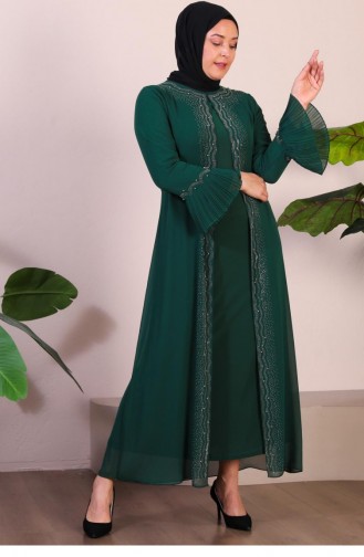 طقم فستان سهرة نسائي مقاس كبير مرصع باللؤلؤ وأكمام منقوشة بطيات حجاب الأم 4578 أخضر زمردي 4578.ZÜMRÜT YEŞİLİ