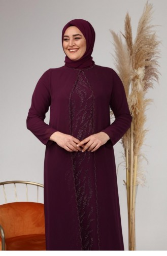 Groot Maat Avondjurkpak Met Geborduurd Patroon En Patroon Voor Dames 4580 Plum 4580.Mürdüm