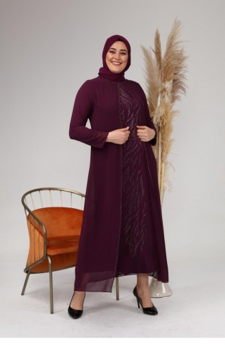 Groot Maat Avondjurkpak Met Geborduurd Patroon En Patroon Voor Dames 4580 Plum 4580.Mürdüm