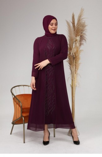 Groot Maat Avondjurkpak Met Geborduurd Patroon En Patroon Voor Dames 4580 Plum 4580.Mürdüm