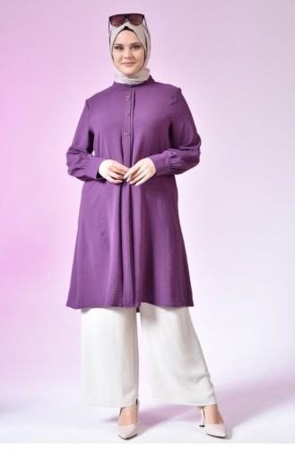 Women`s Large Size Hijab Tunic Buttoned Ayrobin Fabric 4892 Plum 4892.Mürdüm