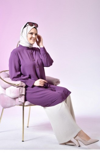 Women`s Large Size Hijab Tunic Buttoned Ayrobin Fabric 4892 Plum 4892.Mürdüm