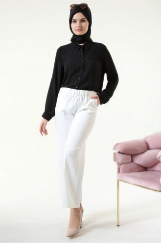 Large Size Fabric Trousers Women`s Wide Leg 4895 White 4895.Beyaz