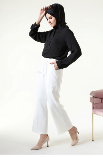 Large Size Fabric Trousers Women`s Wide Leg 4895 White 4895.Beyaz