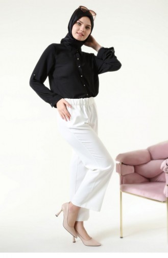 Large Size Fabric Trousers Women`s Wide Leg 4895 White 4895.Beyaz