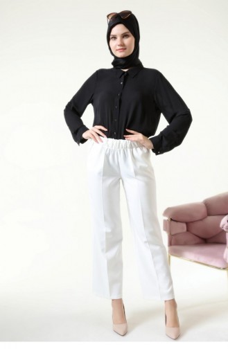 Large Size Fabric Trousers Women`s Wide Leg 4895 White 4895.Beyaz