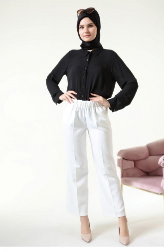 Pantalon En Tissu Grande Taille Femme Jambe Large 4895 Blanc 4895.Beyaz