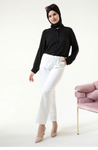 Large Size Fabric Trousers Women`s Wide Leg 4895 White 4895.Beyaz
