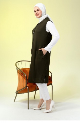 Women`s Large Size Honeycomb Fabric Pocketed Zippered Buttoned Vest 4994 Khaki 4994.Haki