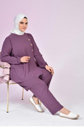 Kadin Buyuk Beden Düğmeli İkili Tesettur Tunik Takım 5079 Mürdüm