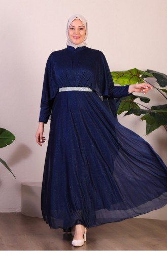 فستان سهرة نسائي مقاس كبير مع كيب وجليتر 8098 أزرق داكن 8098.Lacivert