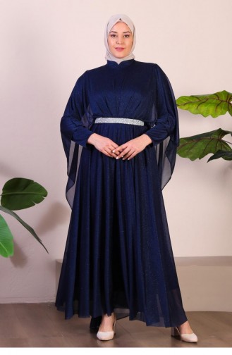 Damen-Abendkleid In Übergröße Mit Umhang Und Glitzer 8098 Marineblau 8098.Lacivert