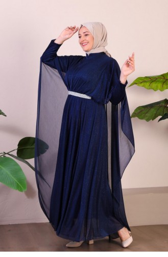 Robe De Soirée Grandes Tailles Femme Avec Cape Et Paillettes 8098 Bleu Marine 8098.Lacivert