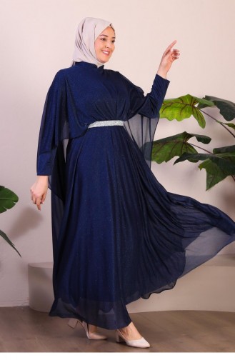 Robe De Soirée Grandes Tailles Femme Avec Cape Et Paillettes 8098 Bleu Marine 8098.Lacivert