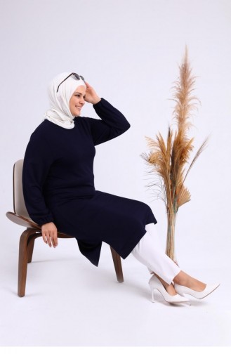 Lange Hijab-Tunika Für Damen In Großer Größe Mit Zwei Fäden Aus Gekämmter Baumwolle 8142 Marineblau 8142.Lacivert