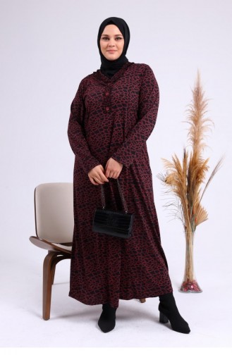 Women`s Daily Dress Hijab Leopard Patterned Plus Size Dress 8143 Claret Red 8143.Bordo