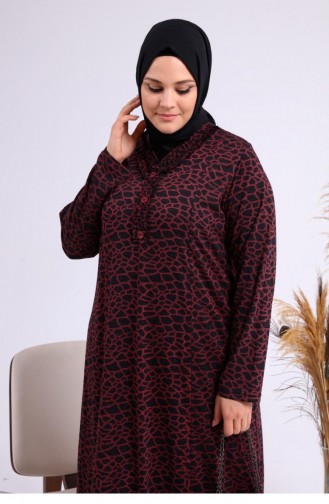 Women`s Daily Dress Hijab Leopard Patterned Plus Size Dress 8143 Claret Red 8143.Bordo