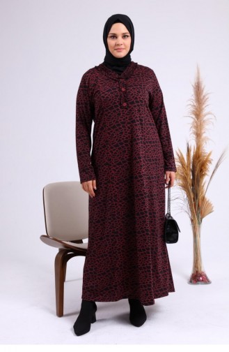 Kadin Gunluk Elbise Tesettur Leopar Desenli Buyuk Beden Elbise 8143 Bordo