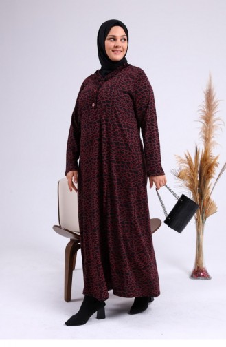 Women`s Daily Dress Hijab Leopard Patterned Plus Size Dress 8143 Claret Red 8143.Bordo