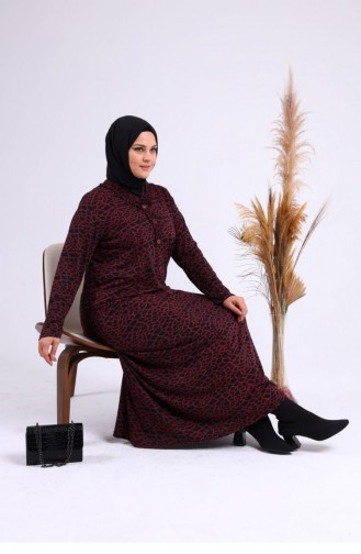 Women`s Daily Dress Hijab Leopard Patterned Plus Size Dress 8143 Claret Red 8143.Bordo