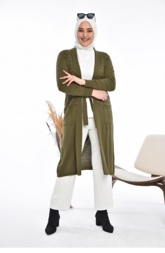 Women`s Knitwear Long Cardigan With Pocket V-Neck 8180 Khaki 8180.Haki