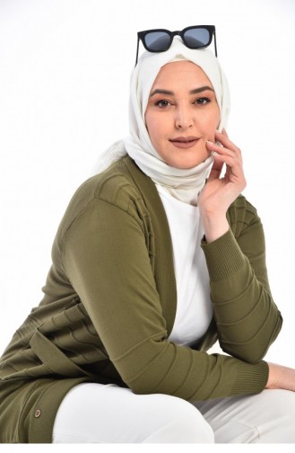 Damen-Strickjacke Lang Mit Tasche V-Ausschnitt 8180 Khaki 8180.Haki