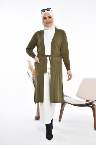 Women`s Knitwear Long Cardigan With Pocket V-Neck 8180 Khaki 8180.Haki