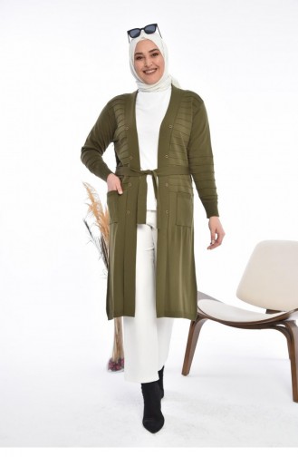 Women`s Knitwear Long Cardigan With Pocket V-Neck 8180 Khaki 8180.Haki