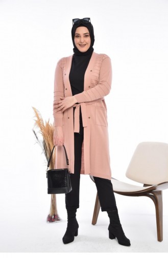 Damen-Strickjacke Lang Mit Tasche V-Ausschnitt 8180 Rosa 8180.Pembe