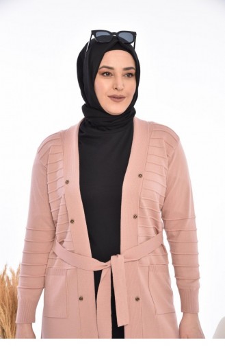 Cardigan Long En Tricot Pour Femme Avec Poche Col En V 8180 Rose 8180.Pembe