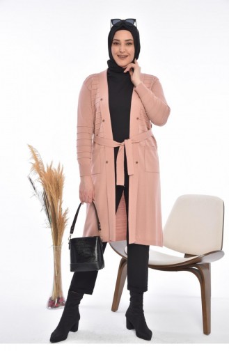 Women`s Knitwear Long Cardigan With Pocket V-Neck 8180 Pink 8180.Pembe